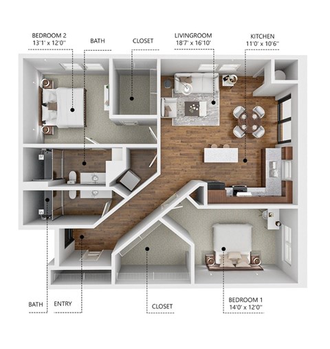 Floor plan for 2 beds, 2 baths, 989 sqft